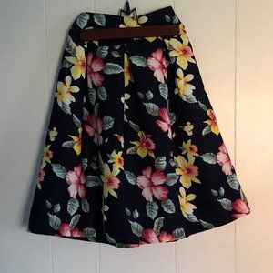 navy, floral, midi, skirt